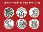Six round details from the book: a Corgi, a Shiba, a Pug, a German Shepherd, a Yorkie and a Rottweiler in folk frames