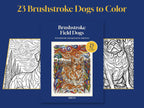 Brushstroke Field Dogs coloring book cover between two slanted details of the line art