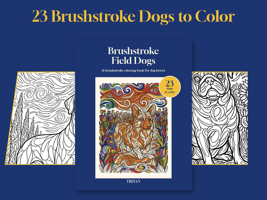 Brushstroke Field Dogs coloring book cover between two slanted details of the line art
