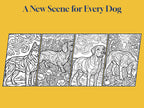 Four slanted details from the book: a Husky, a Dachshund, a Labrador and a Beagle in swirling brushstroke scenes