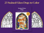 Stained Glass Dogs coloring book cover between two arched window details of the line art