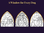 Three pointed-arch windows from the book: a Poodle, a Shiba Inu and a Bernese Mountain Dog