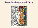 One page, the left half in line art and the right half colored in jewel tones: a Shiba Inu in a rose window