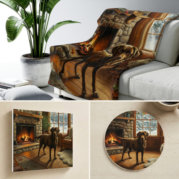 Labrador Retriever By the Fire gift set: canvas, sherpa blanket and coaster in one painting