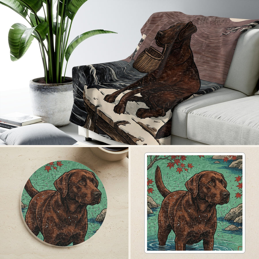 Labrador Retriever Japanese Print cozy gift set: sherpa fleece blanket, cork-back coaster, and vinyl sticker