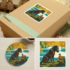 Labrador Retriever Retro Autumn stocking stuffer gift set: round cork-back coaster and two 3x3 vinyl stickers