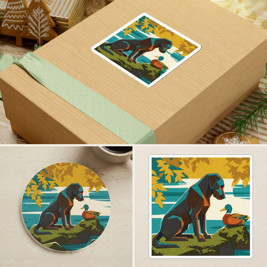 Labrador Retriever Retro Autumn stocking stuffer gift set: round cork-back coaster and two 3x3 vinyl stickers