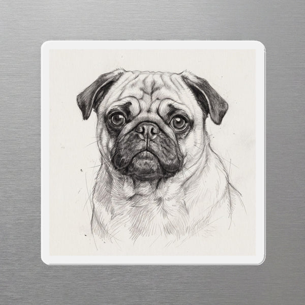 Pug Graphite Portrait Magnet, Pencil Sketch Dog Art, Pug Lover Gift, Die-Cut Fridge Magnet