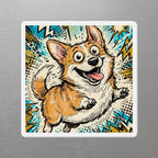 Corgi Comic Pop Art die-cut magnet by Tritan, angled view