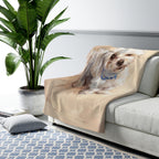 Maltese Oil Portrait sherpa blanket by Tritan, on sofa