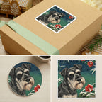 Miniature Schnauzer Japanese Print stocking stuffer gift set: round cork-back coaster and two 3x3 vinyl stickers