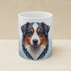 Australian Shepherd Stained Glass Cool Jewel Ceramic Mug 11oz shown on a warm limestone shelf, front view