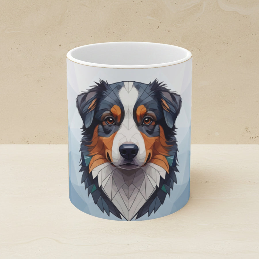 Australian Shepherd Stained Glass Cool Jewel Ceramic Mug 11oz shown on a warm limestone shelf, front view