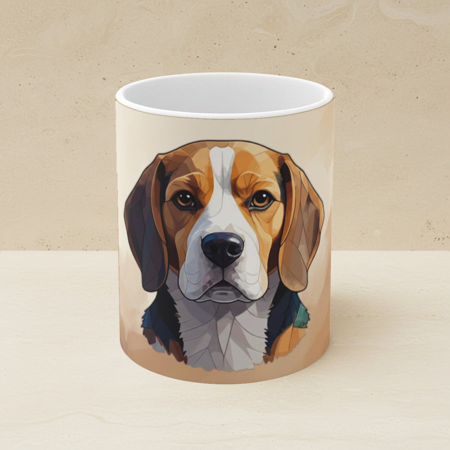 Beagle Stained Glass Cool Jewel Ceramic Mug 11oz shown on a warm limestone shelf, front view