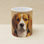 Beagle Stained Glass Monochrome Gold Ceramic Mug 11oz shown on a warm limestone shelf, front view