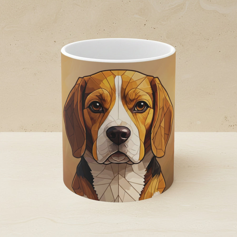 Beagle Stained Glass Monochrome Gold Ceramic Mug 11oz shown on a warm limestone shelf, front view