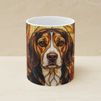 Beagle Stained Glass Warm Jewel Ceramic Mug 11oz shown on a warm limestone shelf, front view