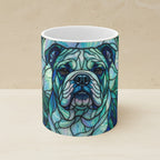 English Bulldog Stained Glass Cool Jewel Ceramic Mug 11oz shown on a warm limestone shelf, front view