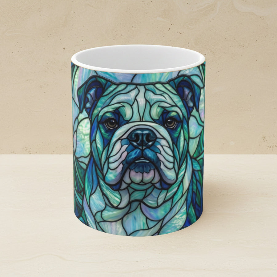 English Bulldog Stained Glass Cool Jewel Ceramic Mug 11oz shown on a warm limestone shelf, front view
