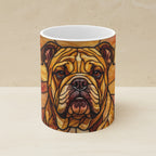 English Bulldog Stained Glass Warm Jewel Ceramic Mug 11oz shown on a warm limestone shelf, front view