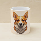 Corgi Stained Glass Monochrome Gold Ceramic Mug 11oz shown on a warm limestone shelf, front view