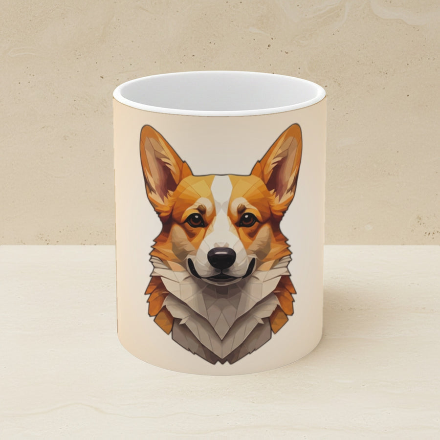 Corgi Stained Glass Monochrome Gold Ceramic Mug 11oz shown on a warm limestone shelf, front view