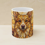 Corgi Stained Glass Warm Jewel Ceramic Mug 11oz shown on a warm limestone shelf, front view