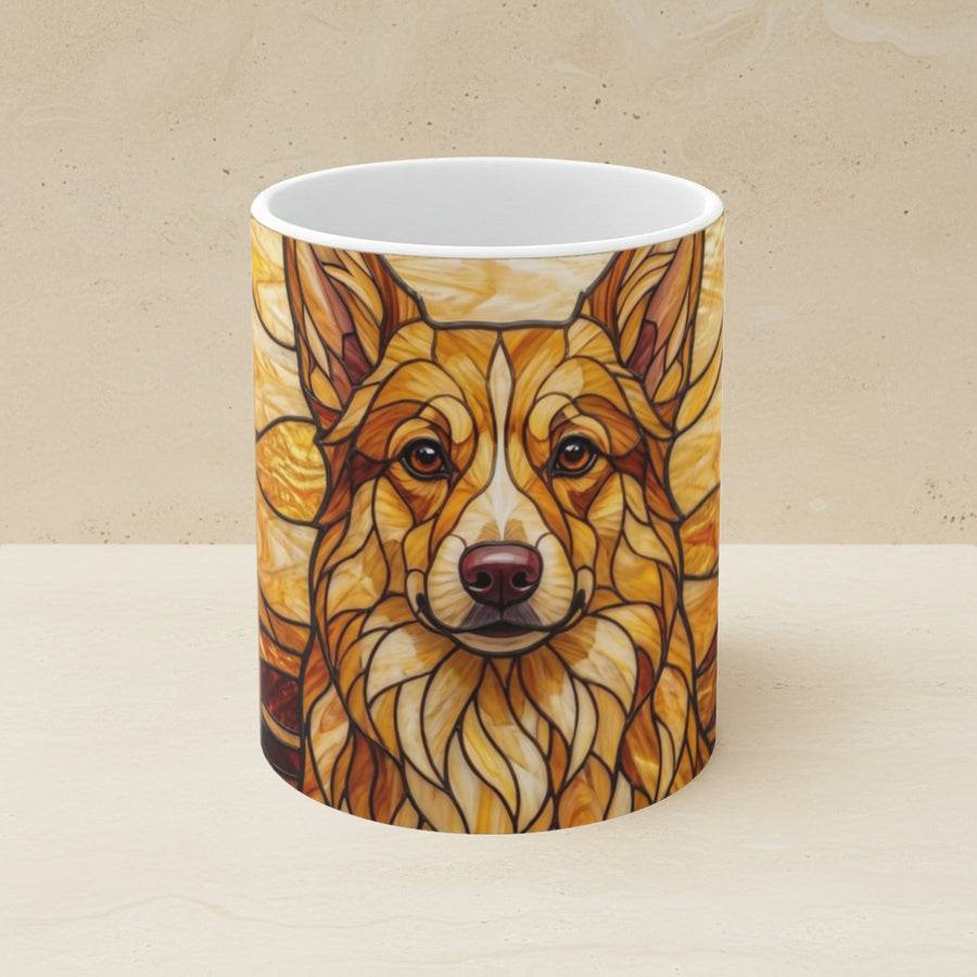 Corgi Stained Glass Warm Jewel Ceramic Mug 11oz shown on a warm limestone shelf, front view