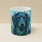 Dachshund Stained Glass Cool Jewel Ceramic Mug 11oz shown on a warm limestone shelf, front view