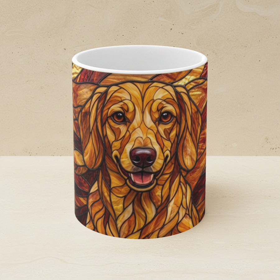 Dachshund Stained Glass Warm Jewel Ceramic Mug 11oz shown on a warm limestone shelf, front view