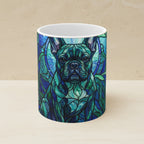 French Bulldog Stained Glass Cool Jewel Ceramic Mug 11oz shown on a warm limestone shelf, front view
