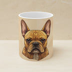 French Bulldog Stained Glass Monochrome Gold Ceramic Mug 11oz shown on a warm limestone shelf, front view