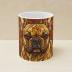 French Bulldog Stained Glass Warm Jewel Ceramic Mug 11oz shown on a warm limestone shelf, front view