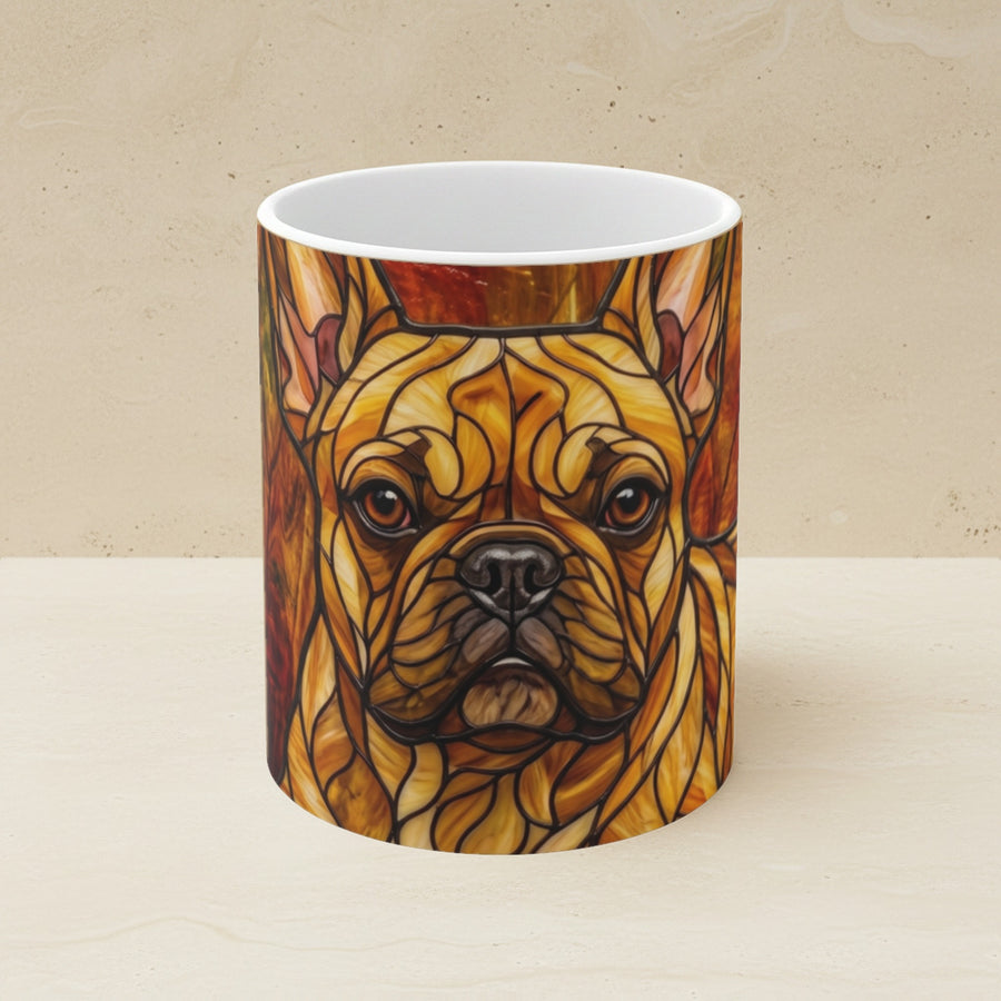 French Bulldog Stained Glass Warm Jewel Ceramic Mug 11oz shown on a warm limestone shelf, front view