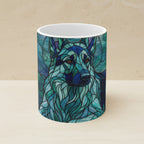 German Shepherd Stained Glass Cool Jewel Ceramic Mug 11oz shown on a warm limestone shelf, front view