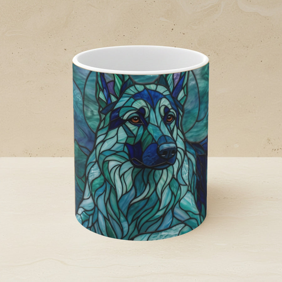 German Shepherd Stained Glass Cool Jewel Ceramic Mug 11oz shown on a warm limestone shelf, front view