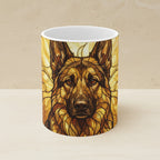 German Shepherd Stained Glass Monochrome Gold Ceramic Mug 11oz shown on a warm limestone shelf, front view