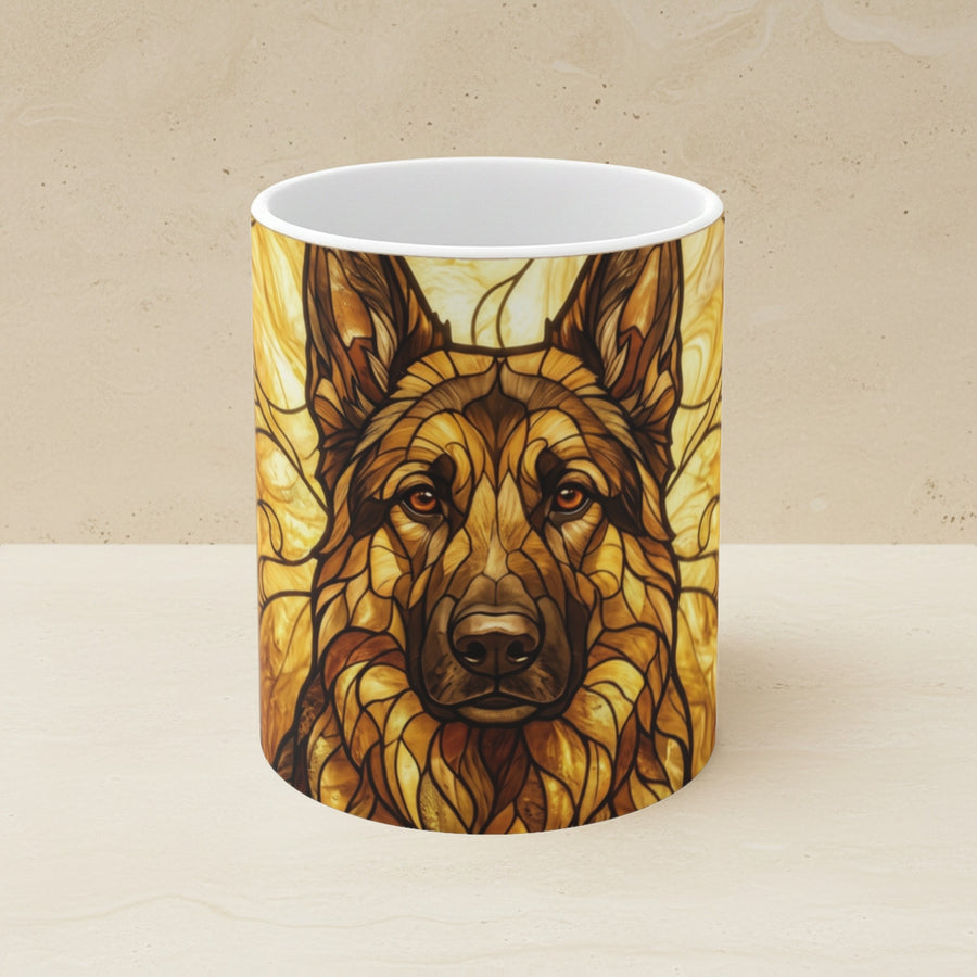 German Shepherd Stained Glass Monochrome Gold Ceramic Mug 11oz shown on a warm limestone shelf, front view