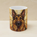 German Shepherd Stained Glass Warm Jewel Ceramic Mug 11oz shown on a warm limestone shelf, front view
