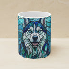 Siberian Husky Stained Glass Cool Jewel Ceramic Mug 11oz shown on a warm limestone shelf, front view