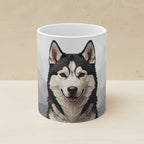 Siberian Husky Stained Glass Monochrome Gold Ceramic Mug 11oz shown on a warm limestone shelf, front view
