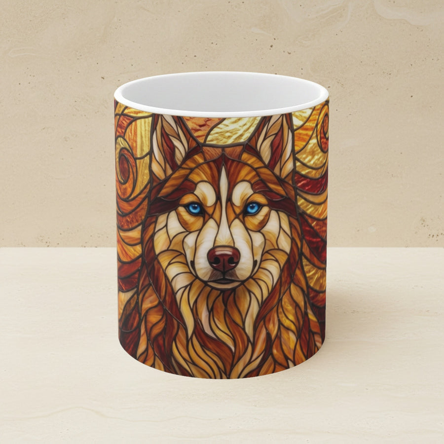 Siberian Husky Stained Glass Warm Jewel Ceramic Mug 11oz shown on a warm limestone shelf, front view