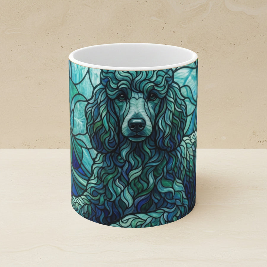 Poodle Stained Glass Cool Jewel Ceramic Mug 11oz shown on a warm limestone shelf, front view
