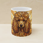 Poodle Stained Glass Warm Jewel Ceramic Mug 11oz shown on a warm limestone shelf, front view