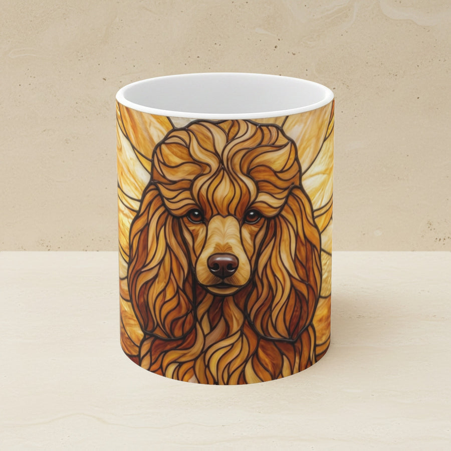 Poodle Stained Glass Warm Jewel Ceramic Mug 11oz shown on a warm limestone shelf, front view