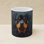Rottweiler Stained Glass Monochrome Gold Ceramic Mug 11oz shown on a warm limestone shelf, front view