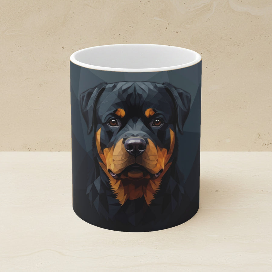 Rottweiler Stained Glass Monochrome Gold Ceramic Mug 11oz shown on a warm limestone shelf, front view