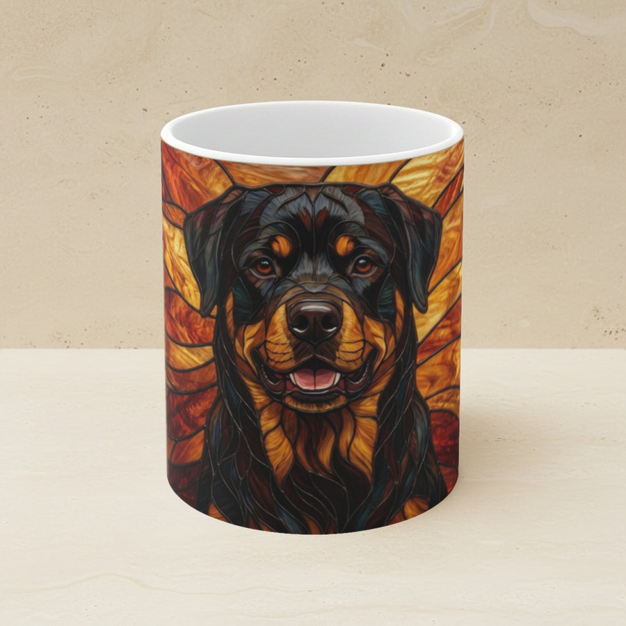 Rottweiler Stained Glass Warm Jewel Ceramic Mug 11oz shown on a warm limestone shelf, front view