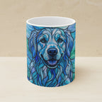 Golden Retriever Stained Glass Cool Jewel Ceramic Mug 11oz shown on a warm limestone shelf, front view