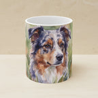 Australian Shepherd Watercolor Ceramic Coffee Mug 11oz, Soft Dog Painting, Australian Shepherd Lover Gift shown on a warm limestone shelf, front view